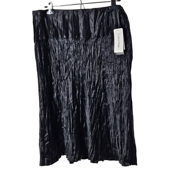 Calvin Klein‎ NWT Black 100% Silk Crinkled Midi Skirt 12 Womens Coquette Flowy - Picture 1 of 10